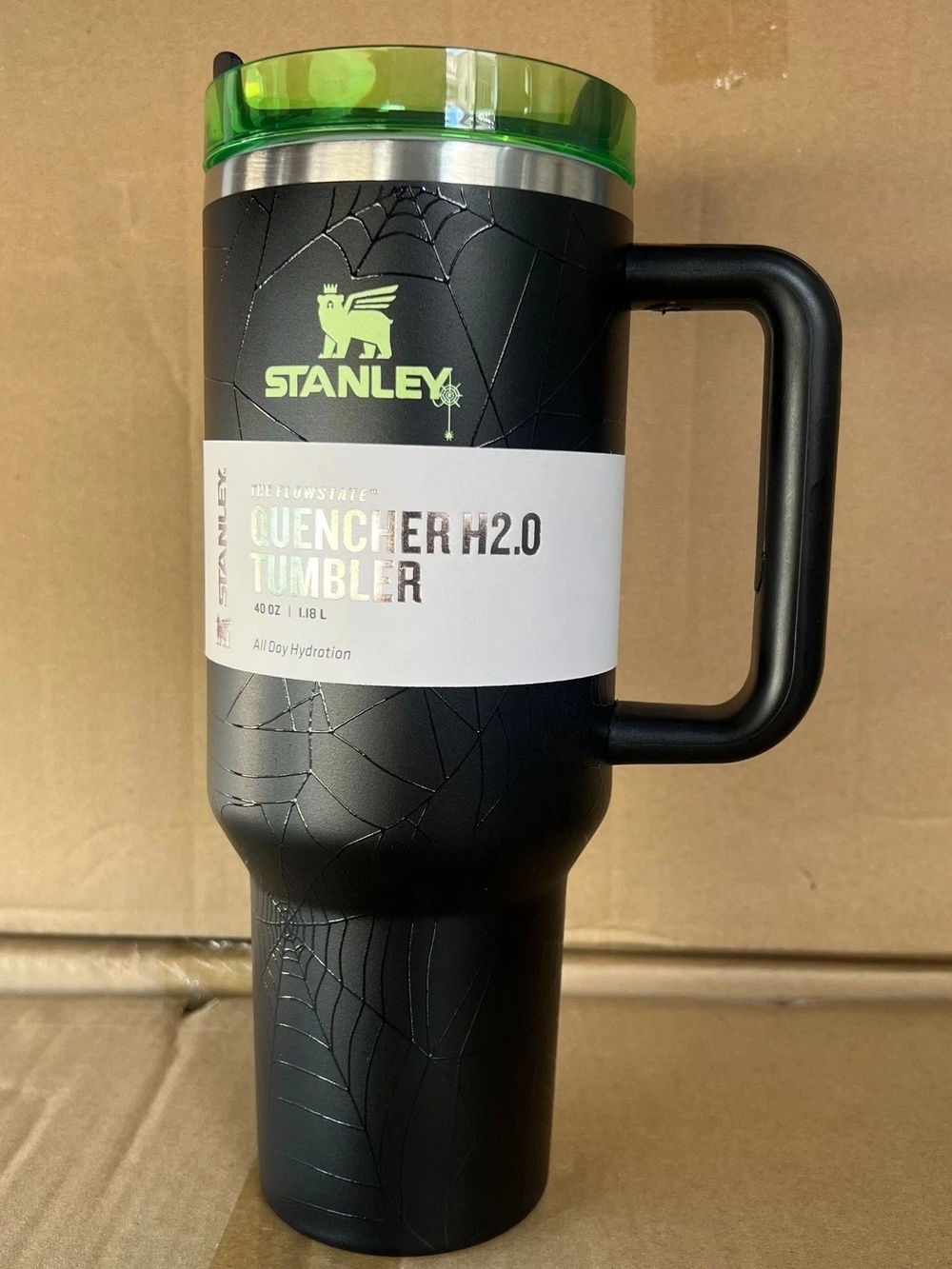 Stanley Black Tumbler with Green Lid